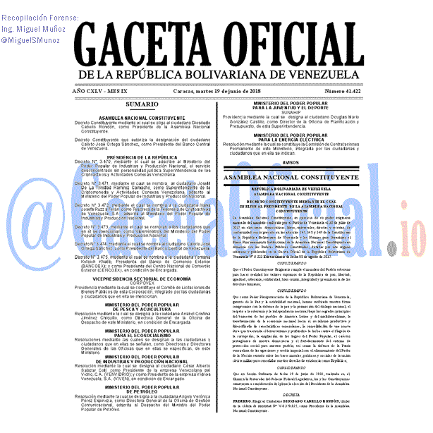Gaceta Oficial 41422 del 19 junio 2018