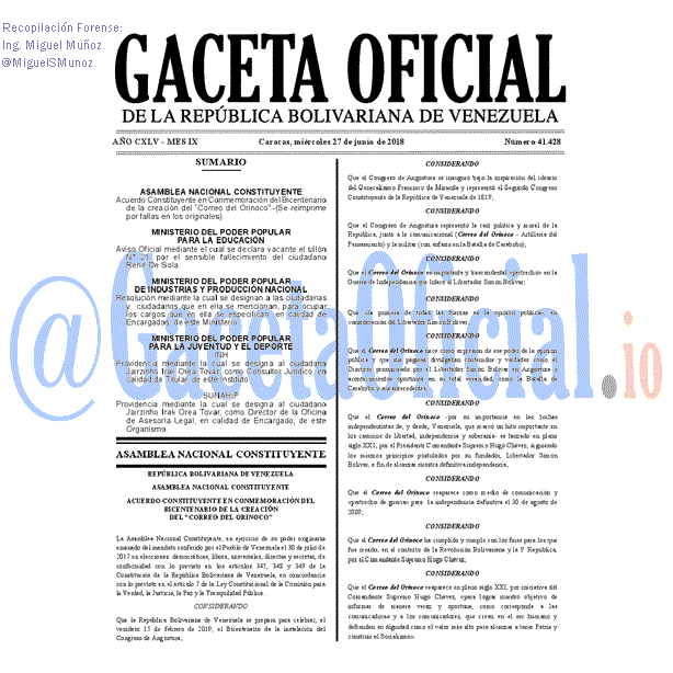 Gaceta Oficial 41428 del 27 junio 2018