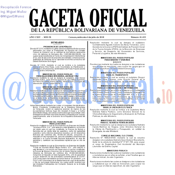 Gaceta Oficial 41433 del 4 julio 2018 Gaceta Oficial 41433 del 4 julio 2018