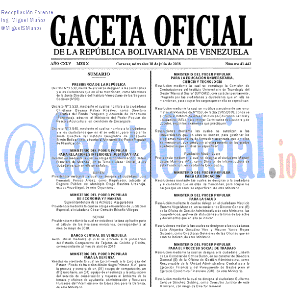 Gaceta Oficial 41442 del 18 julio 2018