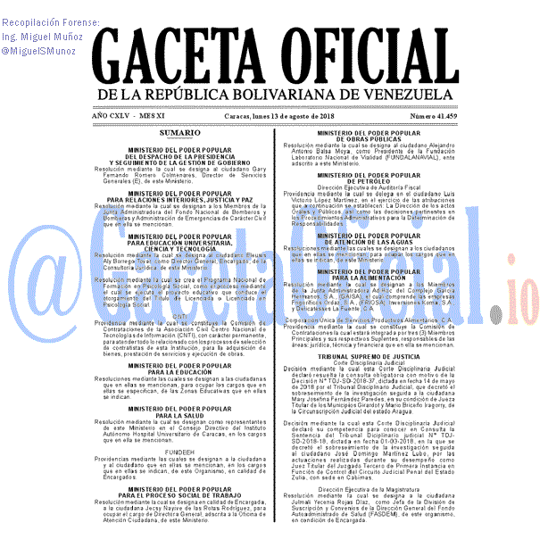 Gaceta Oficial 41459 del 13 Agosto 2018