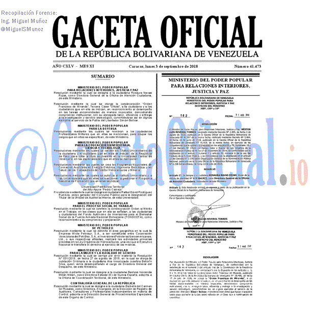 Gaceta Oficial 41473 del 3 Septiembre 2018 Gaceta Oficial 41473 del 3 Septiembre 2018