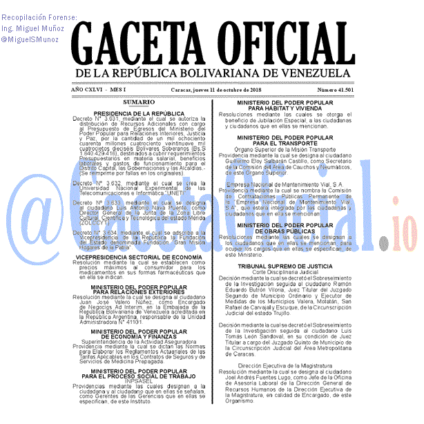 Gaceta Oficial 41501 del 11 Octubre 2018 Gaceta Oficial 41501 del 11 Octubre 2018