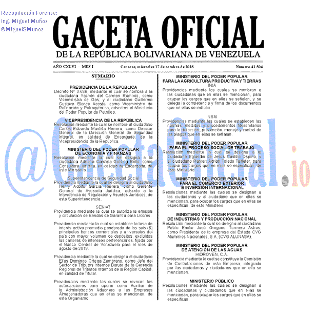 Gaceta Oficial 41504 del 17 Octubre 2018