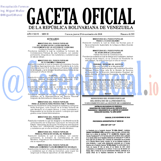 Gaceta Oficial 41535 del 29 Noviembre 2018