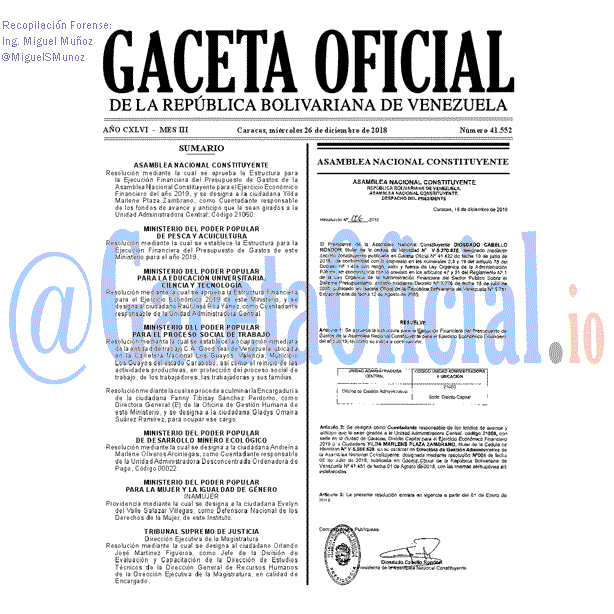 Gaceta Oficial 41552 del 26 Diciembre 2018 Gaceta Oficial 41552 del 26 Diciembre 2018