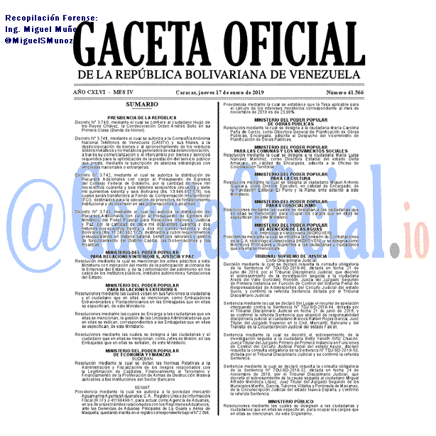 Gaceta Oficial 41566 del 17 Enero 2019