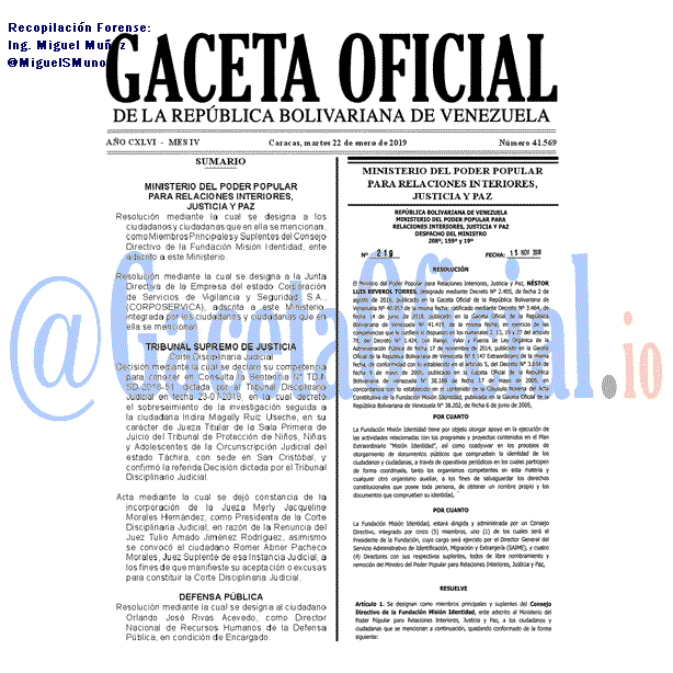 Gaceta Oficial 41569 del 22 Enero 2019