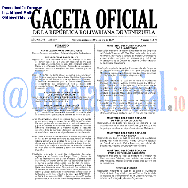 Gaceta Oficial 41575 del 30 Enero 2019