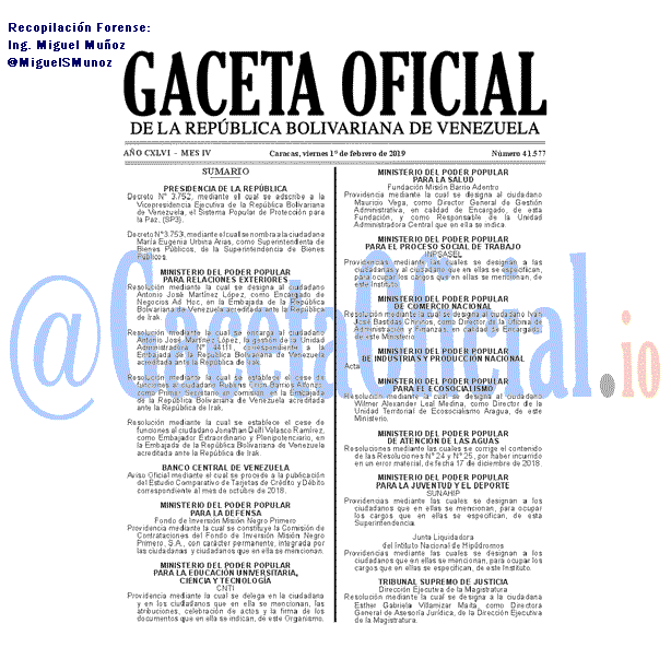 Gaceta Oficial 41577 del 1 Febrero 2019