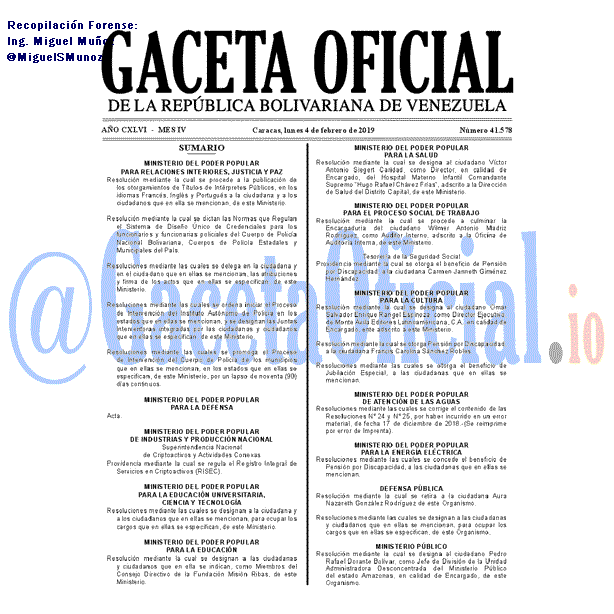 Gaceta Oficial 41578 del 4 Febrero 2019