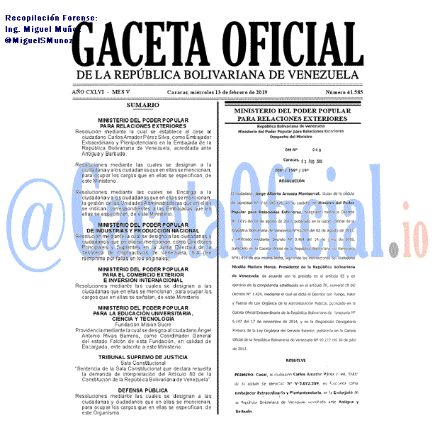 Gaceta Oficial 41585 del 13 Febrero 2019