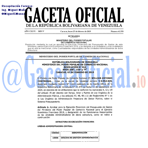 Gaceta Oficial 41593 del 25 Febrero 2019