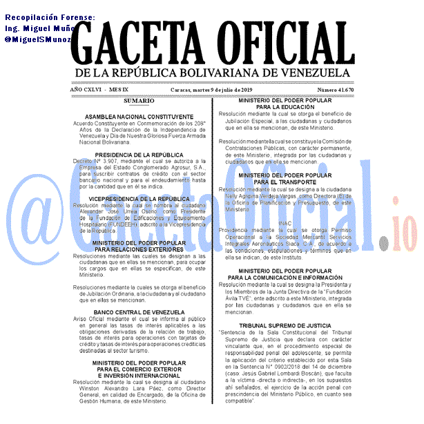 Gaceta Oficial 41670 del 9 Julio 2019