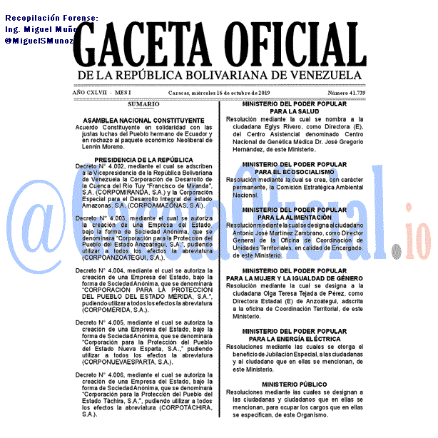 Gaceta Oficial 41739 del 16 octubre 2019