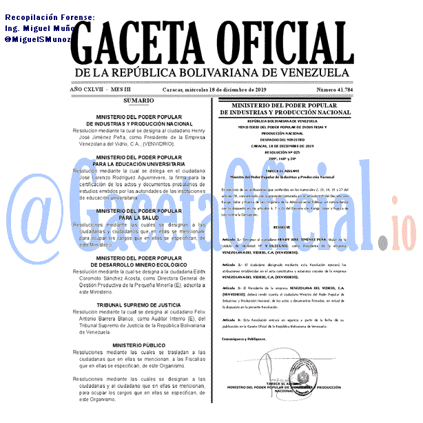 Gaceta Oficial 41784 del 18 Diciembre 2019