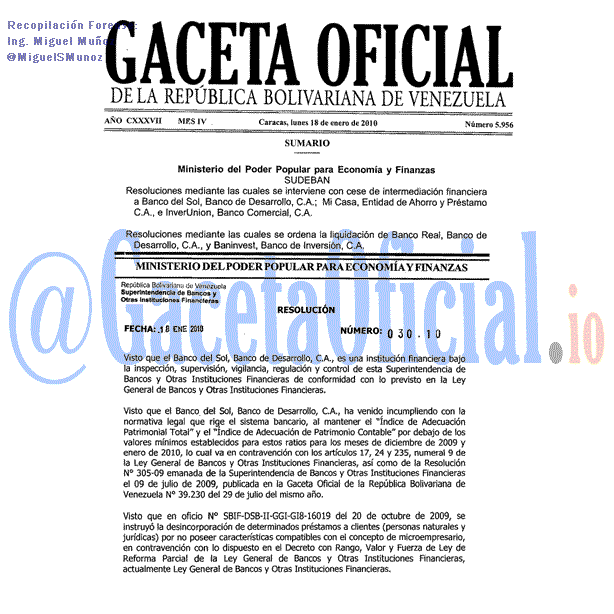 Gaceta Oficial 5956 del 18 Enero 2010