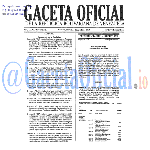 Gaceta Oficial 5995 del 31 Agosto 2010