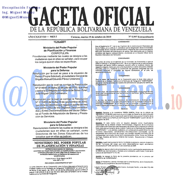 Gaceta Oficial 5997 del 19 Octubre 2010