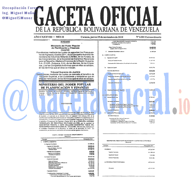 Gaceta Oficial 6001 del 25 Noviembre 2010