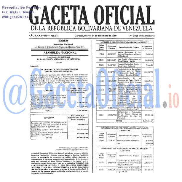 Gaceta Oficial 6005 del 14 Diciembre 2010