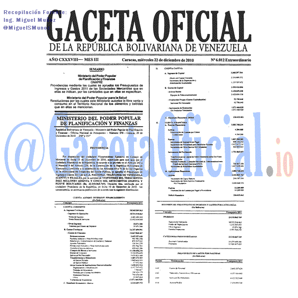 Gaceta Oficial 6012 del 22 Diciembre 2010