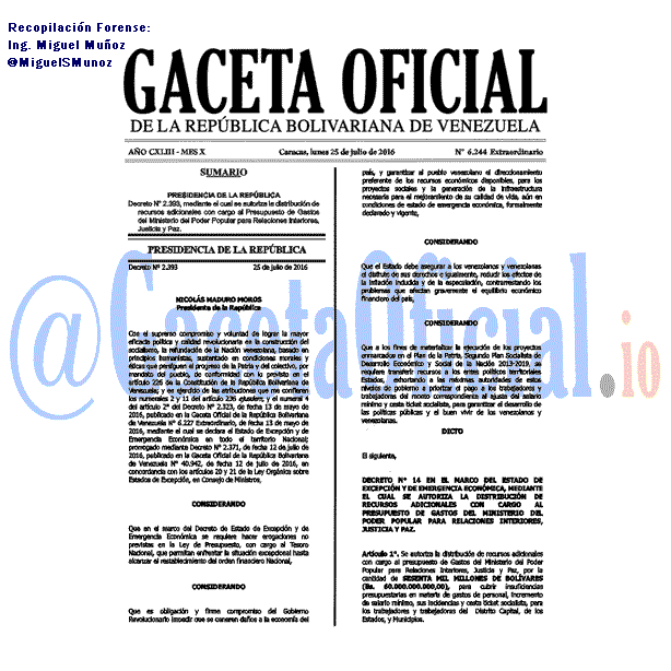 Gaceta Oficial 6244 del 25 julio 2016