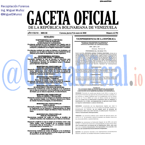 Gaceta Oficial 41796 del 9 Enero 2020