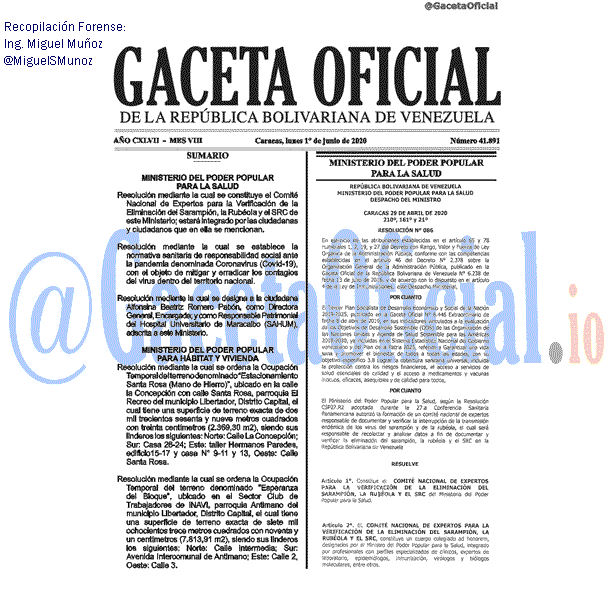 Gaceta Oficial 41891 del 1 junio 2020 Gaceta Oficial 41891 del 1 junio 2020