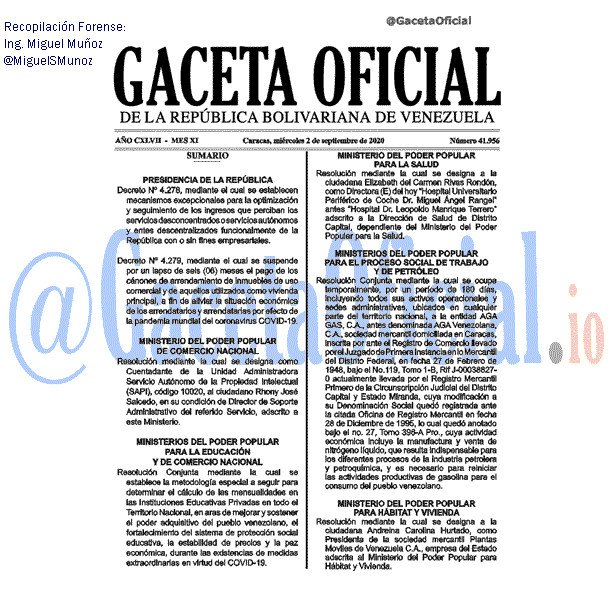 Gaceta Oficial 41956 del 2 septiembre 2020 Gaceta Oficial 41956 del 2 septiembre 2020