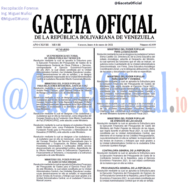 Gaceta Oficial 42039 del 4 Enero 2021 Gaceta Oficial 42039 del 4 Enero 2021