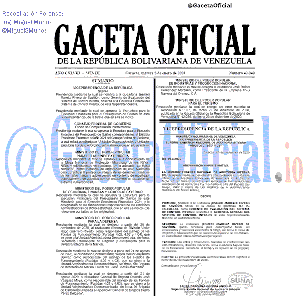 Gaceta Oficial 42040 del 5 Enero 2021 Gaceta Oficial 42040 del 5 Enero 2021