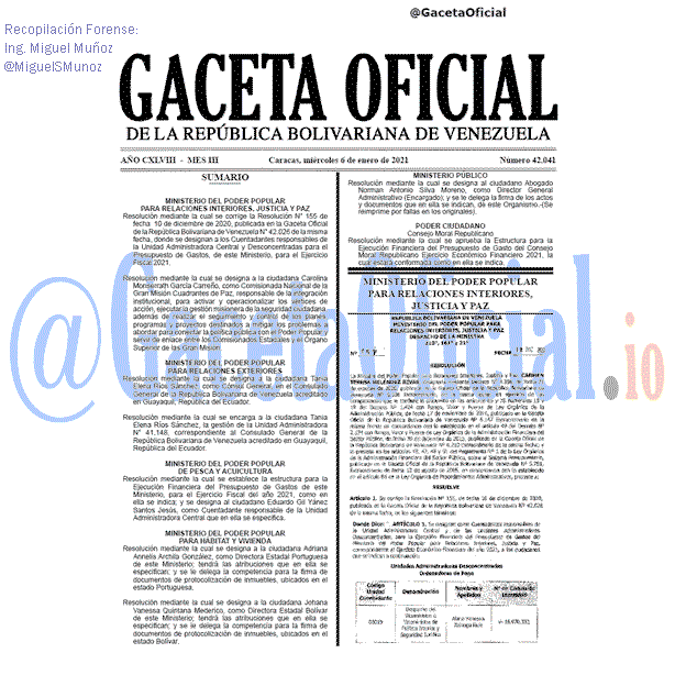 Gaceta Oficial 42041 del 6 Enero 2021 Gaceta Oficial 42041 del 6 Enero 2021