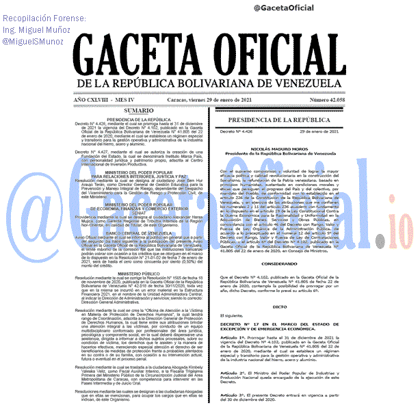Gaceta Oficial 42058 del 29 Enero 2021 Gaceta Oficial 42058 del 29 Enero 2021