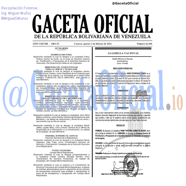 Gaceta Oficial 42060 del 2 febrero 2021 Gaceta Oficial 42060 del 2 febrero 2021