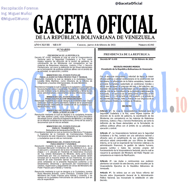 Gaceta Oficial 42062 del 4 febrero 2021 Gaceta Oficial 42062 del 4 febrero 2021