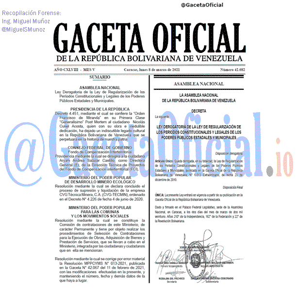 Gaceta Oficial 42082 del 8 marzo 2021 Gaceta Oficial 42082 del 8 marzo 2021