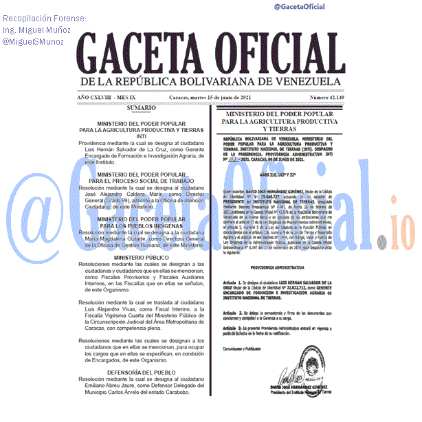 Gaceta Oficial 42149 del 15 junio 2021