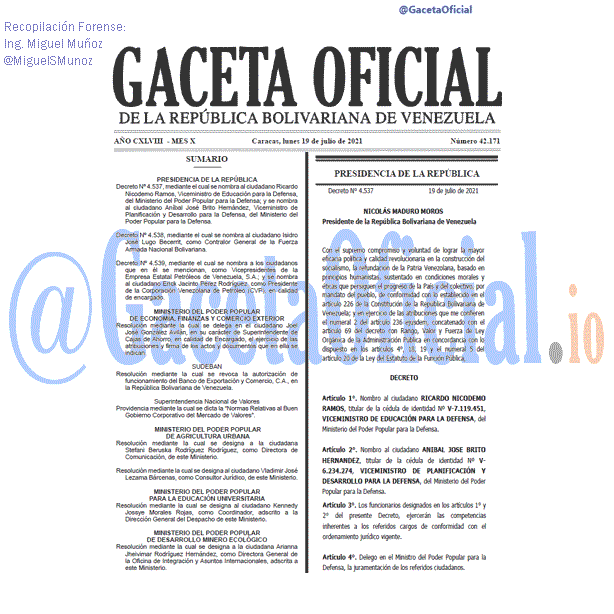 Gaceta Oficial 42171 del 19 julio 2021
