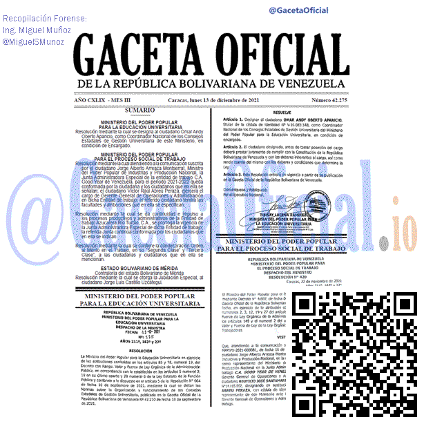 Gaceta Oficial 42275 del 13 diciembre 2021