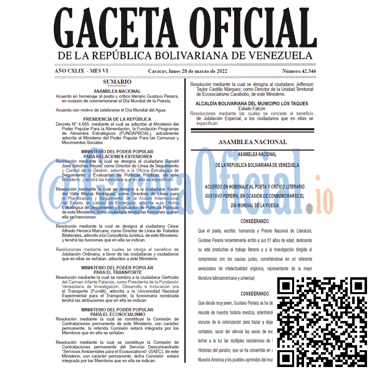 Gaceta Oficial 42346 del 28 marzo 2022