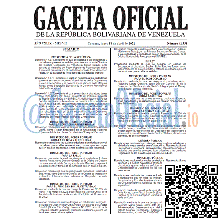 Venezuela Gaceta Oficial 42358 del 18 abril 2022