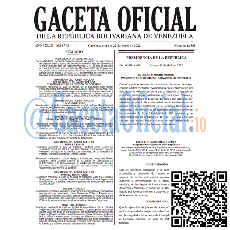 Venezuela Gaceta Oficial 42361 del 22 abril 2022