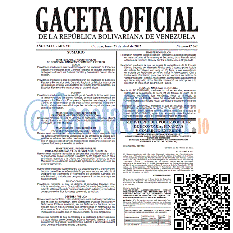 Venezuela Gaceta Oficial 42362 del 25 abril 2022
