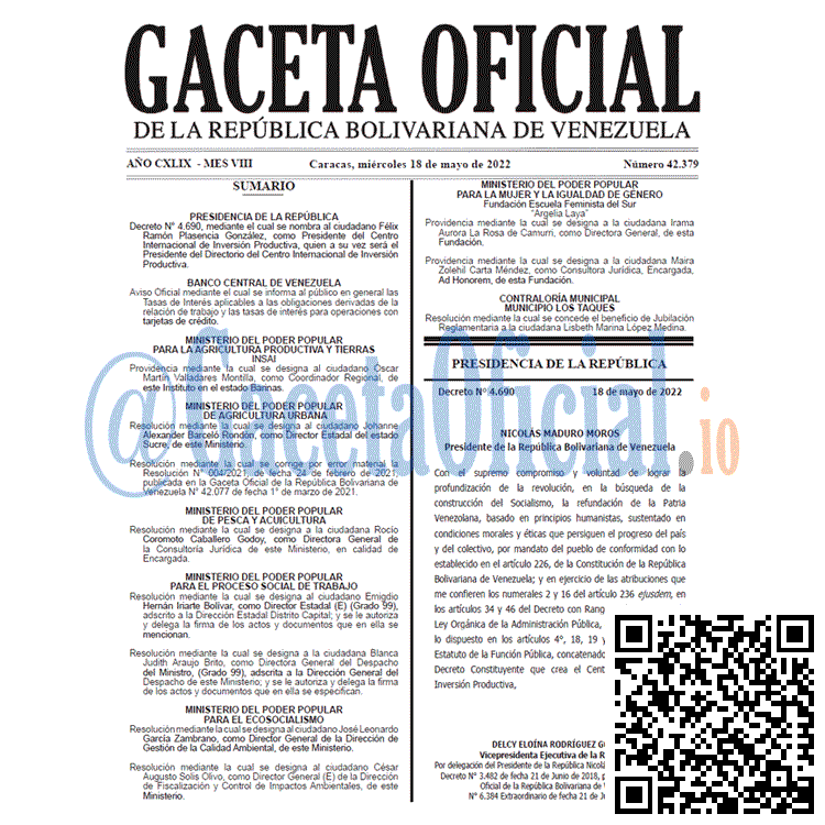 Venezuela Gaceta Oficial 42379 del 18 mayo 2022