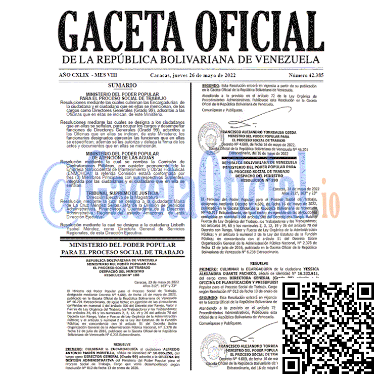 Venezuela Gaceta Oficial 42385 del 26 mayo 2022