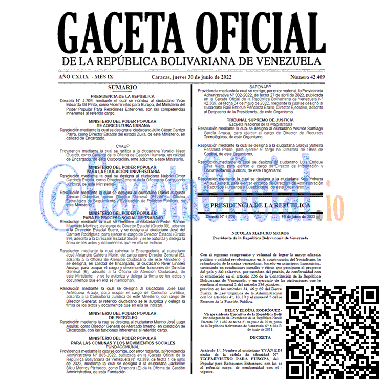 Gaceta Oficial de Venezuela #42409 del jueves 30 junio 2022 Venezuela Gaceta Oficial 42409 del 30 junio 2022