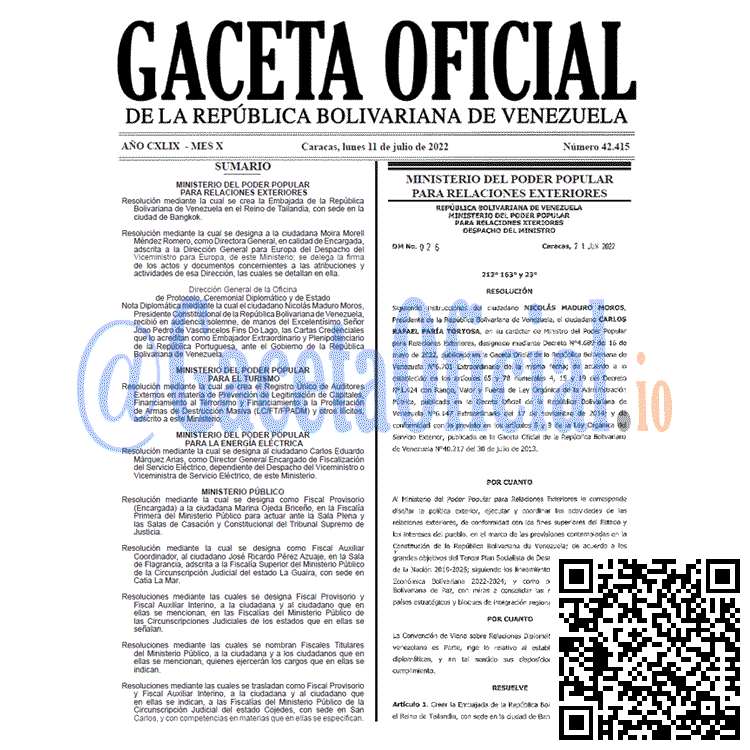 Venezuela Gaceta Oficial 42415 del 11 julio 2022