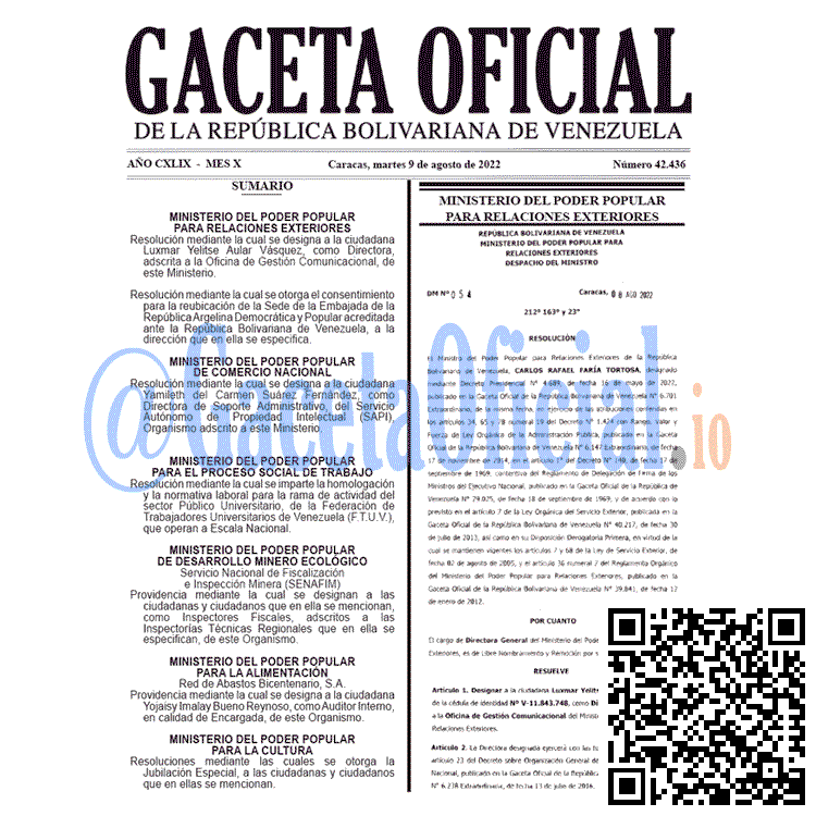 Gaceta Oficial de Venezuela #42436 del martes 9 agosto 2022 Venezuela Gaceta Oficial 42436 del 9 agosto 2022