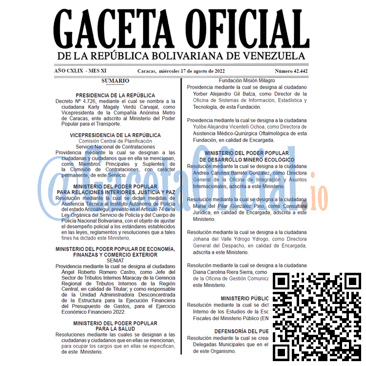Gaceta Oficial de Venezuela #42442 del miércoles 17 agosto 2022 Venezuela Gaceta Oficial 42442 del 17 agosto 2022